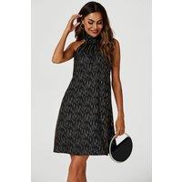 FS Collection Women's Gold Foil Halter Neck Tie Back Mini Dress In Black | Size: 2XL