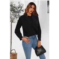 FS Collection Women's Cotton Frill High Neck Long Sleeve Blouse In Black | Size: XL