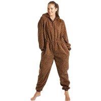 Camille Women's Luxury All In One Animal Print Hooded Fleece Onesie in Brown | Size: 10-12