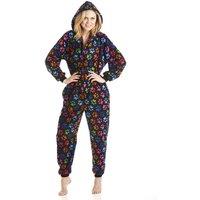 Camille Women's Luxury All In One Paw Print Hooded Fleece Onesie in Black | Size: 22-24