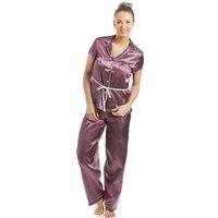 Camille Women's Short Sleeve Belted Satin Pyjama Set in Light Brown | Size: 16