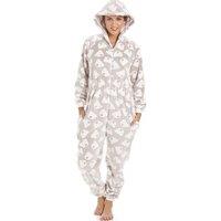 Camille Women's Supersoft Cuddle Fleece Bear Print Hooded Onesie in Beige | Size: 18-20