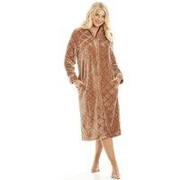 Camille Women's Classic Full Length Zip Through Housecoat With Inseam Pockets in Brown | Size: 18-20