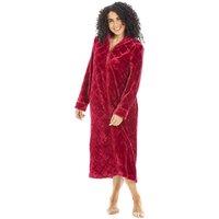 Camille Women's Classic Full Length Zip Through Housecoat With Inseam Pockets in Burgundy | Size: 10-12