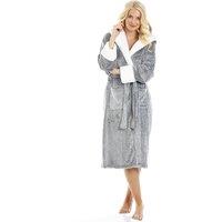 Camille Women's Deep Pile Full Length Fleece Bathrobe with Sherpa Lined Hood & Cuffs in Dark Grey | Size: 14-16