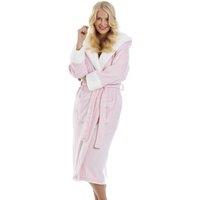 Camille Women's Deep Pile Full Length Fleece Bathrobe with Sherpa Lined Hood & Cuffs in Pink | Size: 18-20