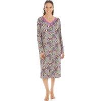 Camille Women's Floral Print Spandex Knee Length Long Sleeve Nightdress in Grey | Size: 14-16