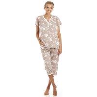 Camille Women's Lightweight Floral Capri Pyjama Set in Beige | Size: 10-12