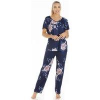 Camille Women's Lightweight Floral Print Pyjama Set in Dark Navy | Size: 10-12