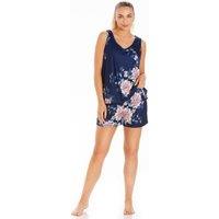 Camille Women's Lightweight Floral Print Short Pyjama Set in Dark Navy | Size: 18-20