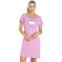 Camille Women's Short Sleeve Cat Print Summer Nightdress in Lilac | Size: 12-14