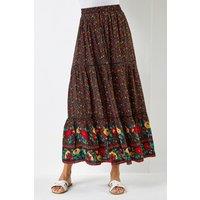 Roman Women's Floral Print Elastic Waist Tiered Maxi Skirt in Black | Size: 12