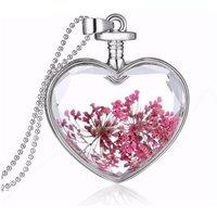 Charles William Women's Love Heart Silver Necklace with Real Flower in Pendant in Pink | Size: 23 cm