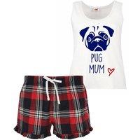 60 SECOND MAKEOVER Women's Pug Mum Pyjama Set Pink Tartan Friend Present in Red | Size: Large