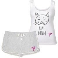 60 SECOND MAKEOVER Women's Cat Mum Pyjama Set Cat PJ's Loungewear Lounge Wear Grey & White | Size: Medium