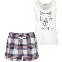 60 SECOND MAKEOVER Women's Cat Mum Tartan Frill Short Pyjama Set Red Blue or Green Blue Cat Pyjamas in Pink | Size: XS
