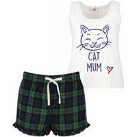 60 SECOND MAKEOVER Women's Cat Mum Tartan Frill Short Pyjama Set Red Blue or Green Blue Cat Pyjamas | Size: XS