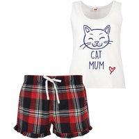 60 SECOND MAKEOVER Women's Cat Mum Tartan Frill Short Pyjama Set Red Blue or Green Blue Cat Pyjamas | Size: Small