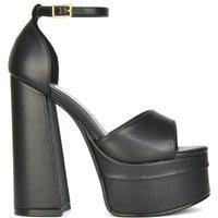 XY London Women's 'Elma' Peep Toe Strappy Block High Heel Platform Sandals in Black | Size: 7