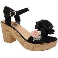 IVACHY Women's Floral & Pearl Espadrille Style Platform Wedge Party Sandals in Black | Size: 4