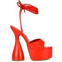 XY London Women's 'Celeste' Lace Up Peep Toe Platform Sculptured Cylinder High Heel Sandals in Red | Size: 4