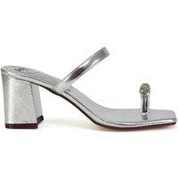 XY London Women's 'Daiquiri' Double Strap Square Toe Ring Block Heel Sandals in Metallic Silver | Size: 7