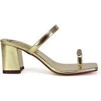 XY London Women's 'Daiquiri' Double Strap Square Toe Ring Block Heel Sandals in Metallic Gold | Size: 4