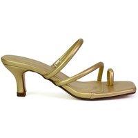 XY London Women's 'Prancy' Toe Post Ring Strappy Square Toe Slip on Kitten Heel Mule Sandals in Gold | Size: 4