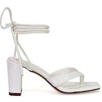 XY London Women's 'Kiko' Lace Up Thong Square Toe Strappy Mid Block Heel Sandals in White | Size: 6