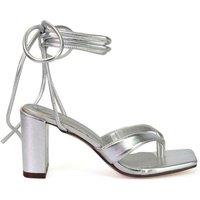 XY London Women's 'Kiko' Lace Up Thong Square Toe Strappy Mid Block Heel Sandals in Metallic Silver | Size: 6