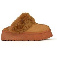 XY London Women's 'Faith' Slip On Faux Fur Slippers with Platform Sole in Tan | Size: 5
