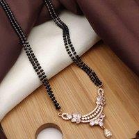 The Colourful Aura Women's Asian Mania Zircon Temple Danity Mangalsutra Black Beads Nuptial Pendant Necklace