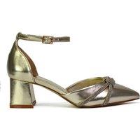 XY London Women's 'Sarah' Ankle Strap Pointed Toe Diamante Mid Block Heels in Metallic Gold | Size: 4