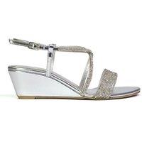 XY London Women's 'Ocean' Sparkly Gem Crystal Diamante Ankle Strap Sandal Wedge Heels in Silver | Size: 3