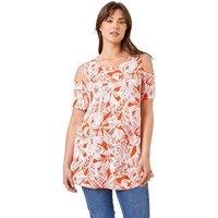 Roman Women's Curve Leaf Print Cold Shoulder Jersey Top in Orange | Size: 30-32