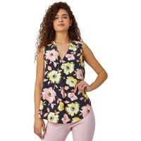 Roman Women's Sleeveless V-Neck Floral Pleat Front Top in Yellow | Size: 10