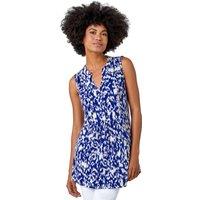 Roman Women's Abstract Print Sleeveless V-Neck Smock Top in Blue | Size: 10