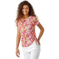 Roman Women's Leaf Print Side Tie Stretch Top in Pink | Size: 20