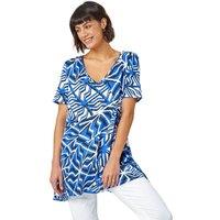 Roman Women's Abstract Print V-Neck Jersey Tunic Top in Blue | Size: 12