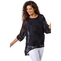 Roman Women's Leaf Burnout Print Chiffon Overlay Top in Black | Size: 10