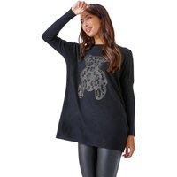 Roman Women's Embellished Animal Print Bear Longline Jumper in Black | Size: Small
