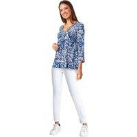 Roman Women's Leaf Print V-Neck Pintuck Tunic Swing Top in Navy | Size: 12