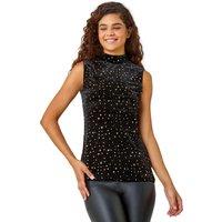 Roman Women's Velvet Star Print Polo Neck Stretch Top in Gold | Size: 20