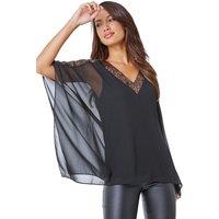 Roman Women's Sequin Trim Overlay Stretch Top in Black | Size: 10