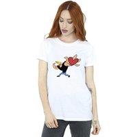 Johnny Bravo Women's Heart Present Cotton Boyfriend T-Shirt in White | Size: Small