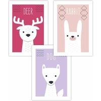 ARTZE Women's Set of 3 Scandi Nursery Forest Animals Pink Lilac Art Posters in Pale Pink | Size: W30 cm x H42 cm
