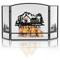 Costway 139 x 75 cm Fireplace Screen 3-Panel Folding Spark Guard w/ Natural Scenery & Moose Pattern in Black