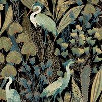 Grandeco Tropical Crane Foliage Textured Wallpaper in Black