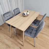 Rectangle Oak Effect Kitchen Dining Table With 4 Grey Velvet Tufted Chairs Dining Set