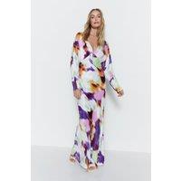 Blurred Abstract Print Satin Batwing Dress